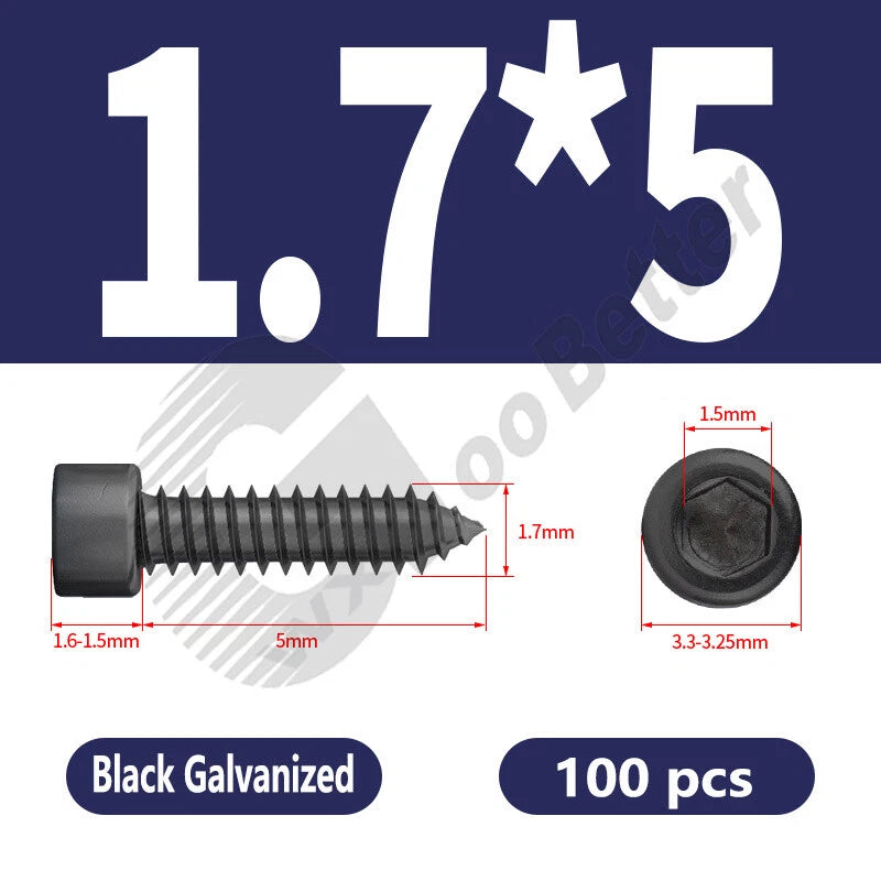 M1.7 M2 M2.3 M2.6 M3 M3.5 M4 M5 M6 Socket Head Self‑Tapping Screws – Alloy Steel, Nickel or Black Zinc