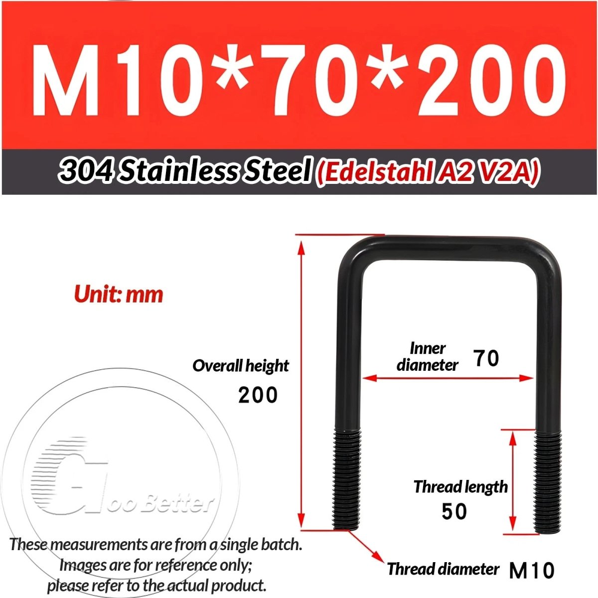 Black Square U - Bolts 304 Stainless Steel Fixing Clamp — M6 M8 M10 - HomeDIYer