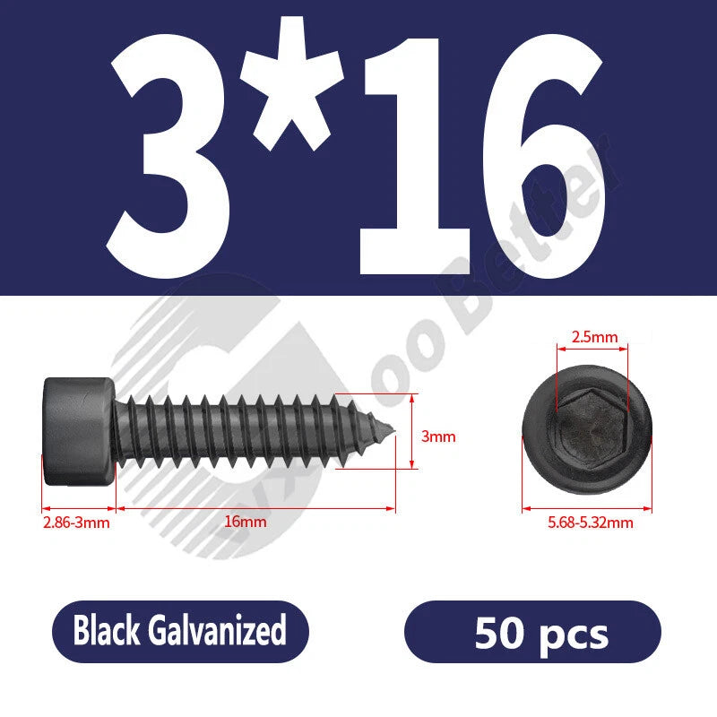 M1.7 M2 M2.3 M2.6 M3 M3.5 M4 M5 M6 Socket Head Self‑Tapping Screws – Alloy Steel, Nickel or Black Zinc