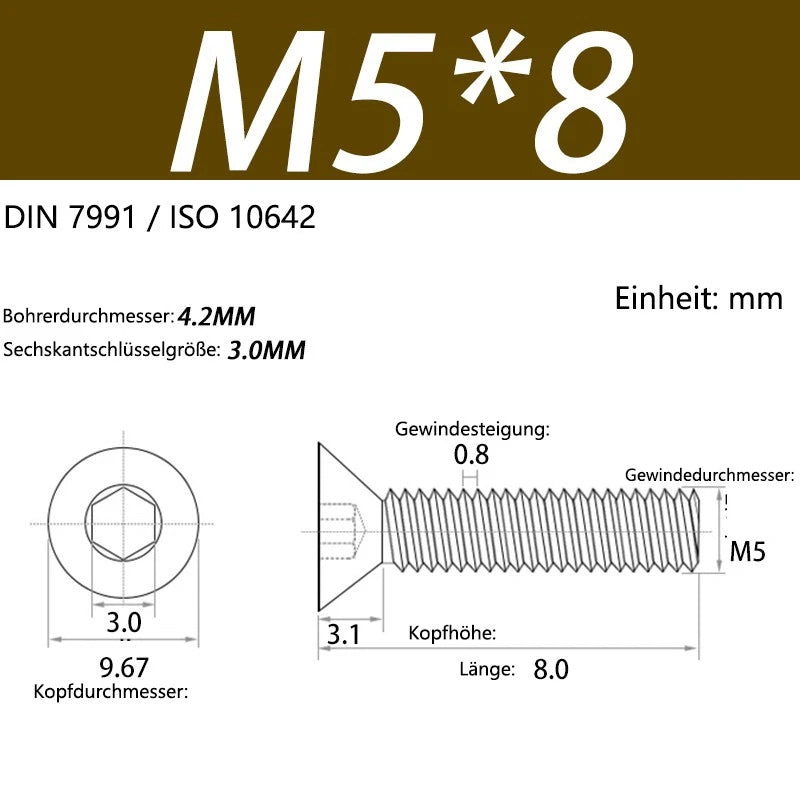 6063 Aluminium Allen Socket Countersunk Screws DIN 7991 — M2 to M8