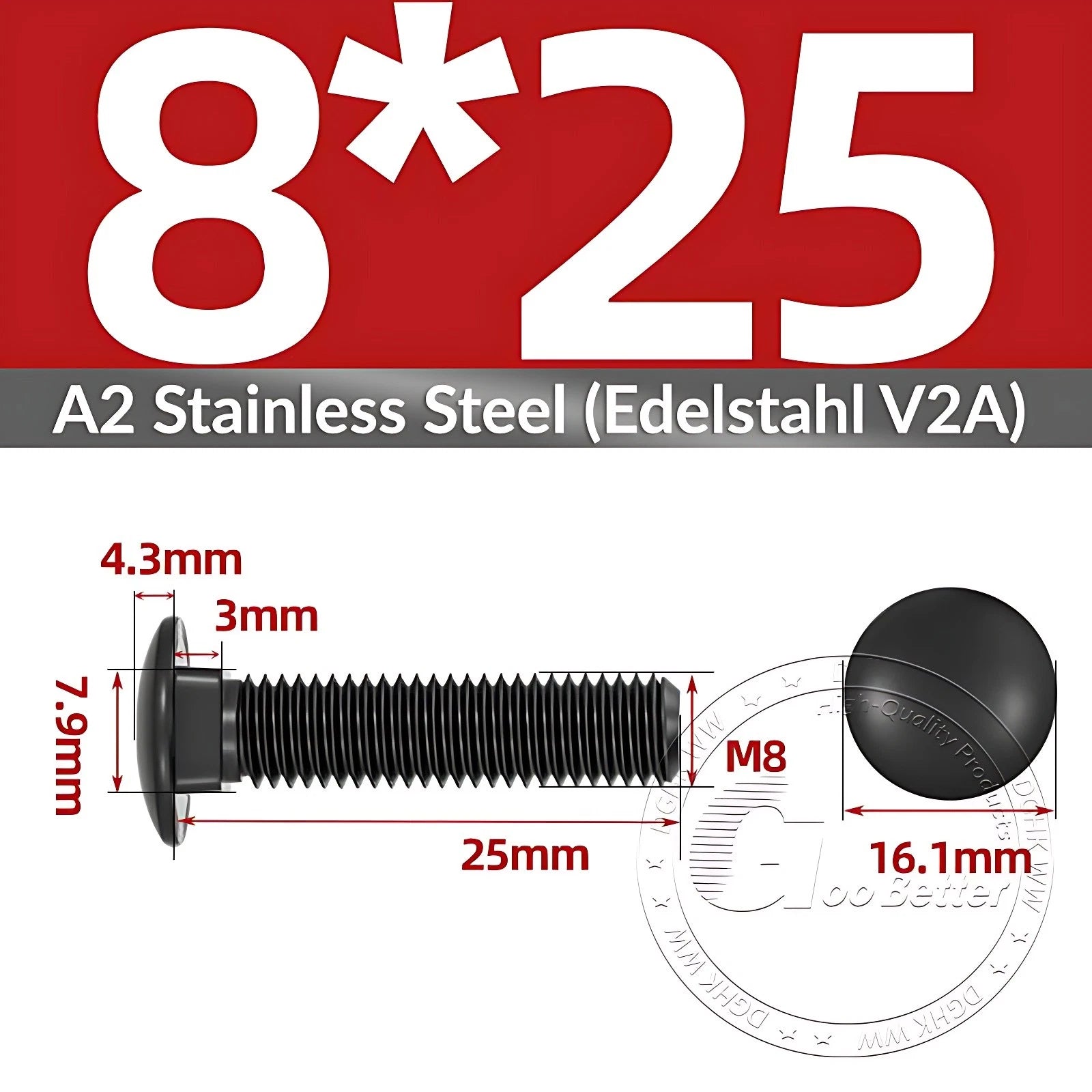 Black Stainless Steel Carriage Bolts M3–M12 | A2 Cup Square Dome Screws