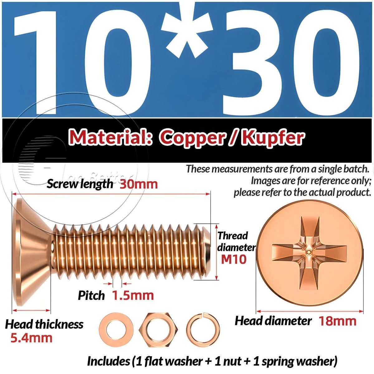 T2 Copper Pozi Countersunk Machine Screws with Flat Washer & Nut | M3–M10 - HomeDIYer