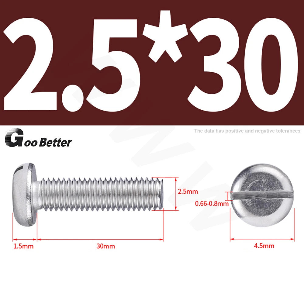 Slotted Pan Head Machine Screws – M1.6 to M4, A2 Stainless Steel, Fully Threaded, Lengths 3mm–60mm