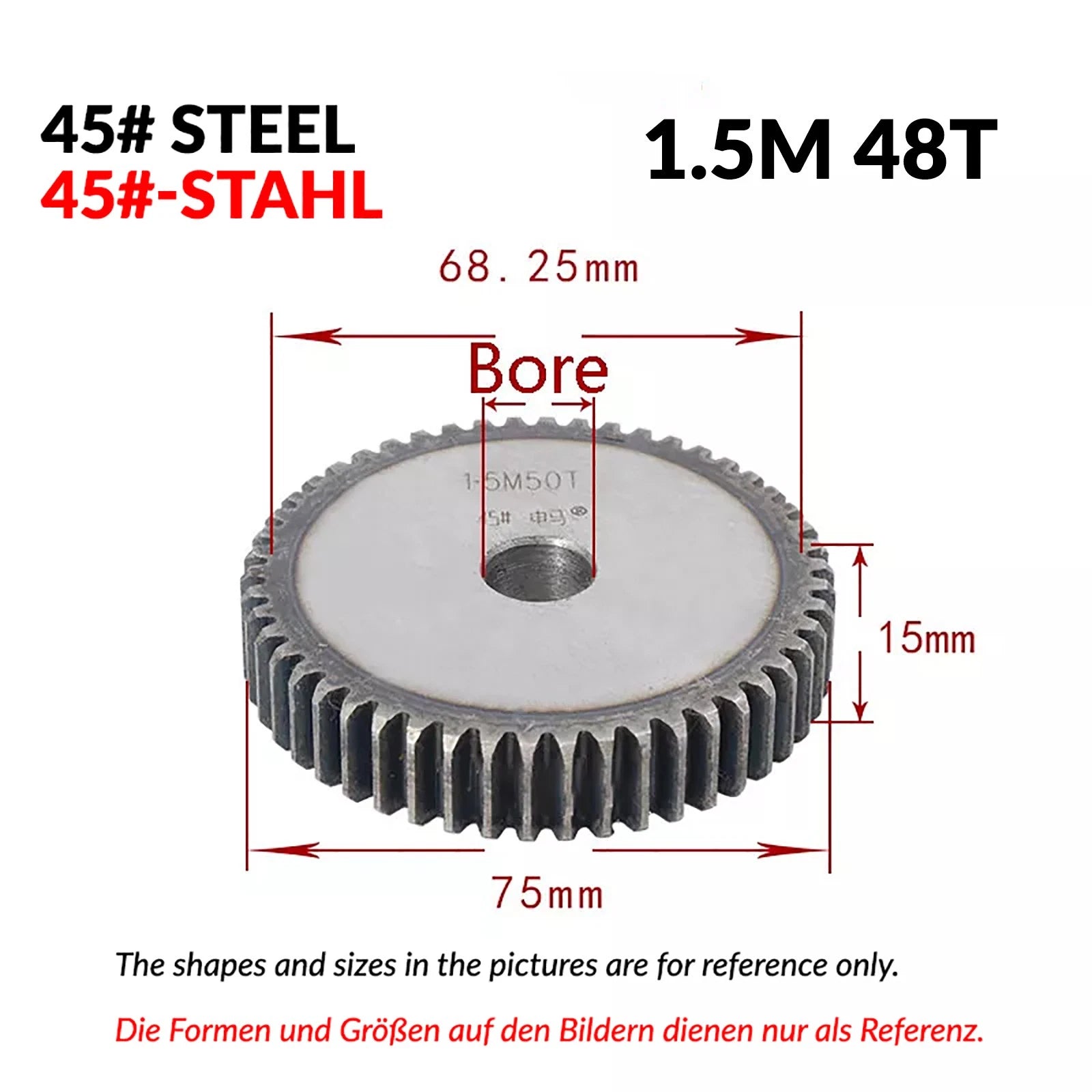 1.5 Mod 12/13/14/15/16/17/18/20-120T 45# Spur Gear Thickn 15mm Transmission Gear