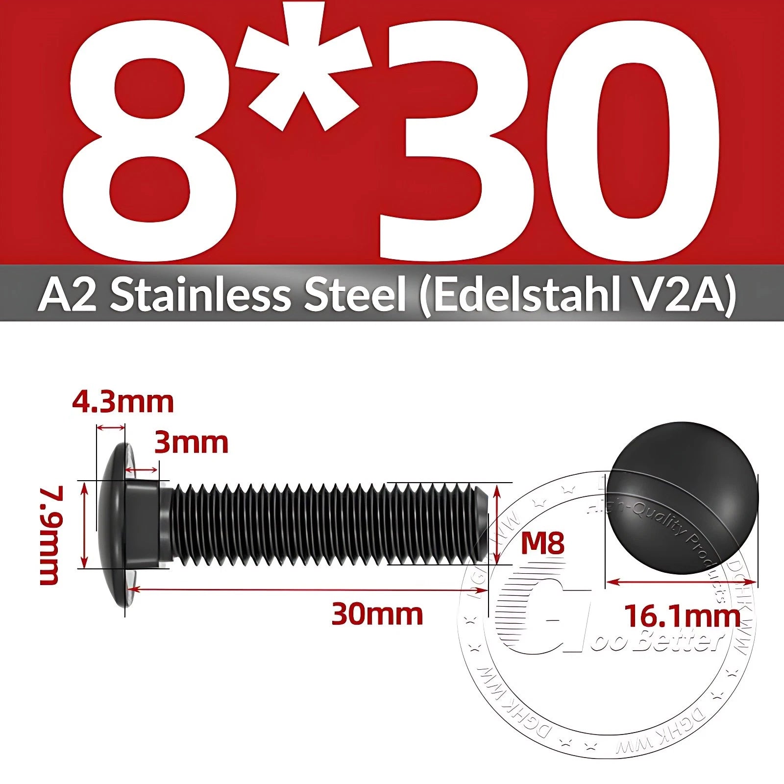 Black Stainless Steel Carriage Bolts M3–M12 | A2 Cup Square Dome Screws