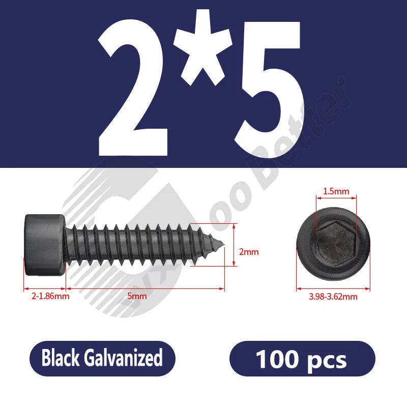 M1.7 M2 M2.3 M2.6 M3 M3.5 M4 M5 M6 Socket Head Self‑Tapping Screws – Alloy Steel, Nickel or Black Zinc
