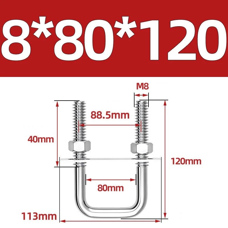 M8 Square U - Bolts Stainless Steel A2 with Plates and Nuts — Multiple Sizes - HomeDIYer