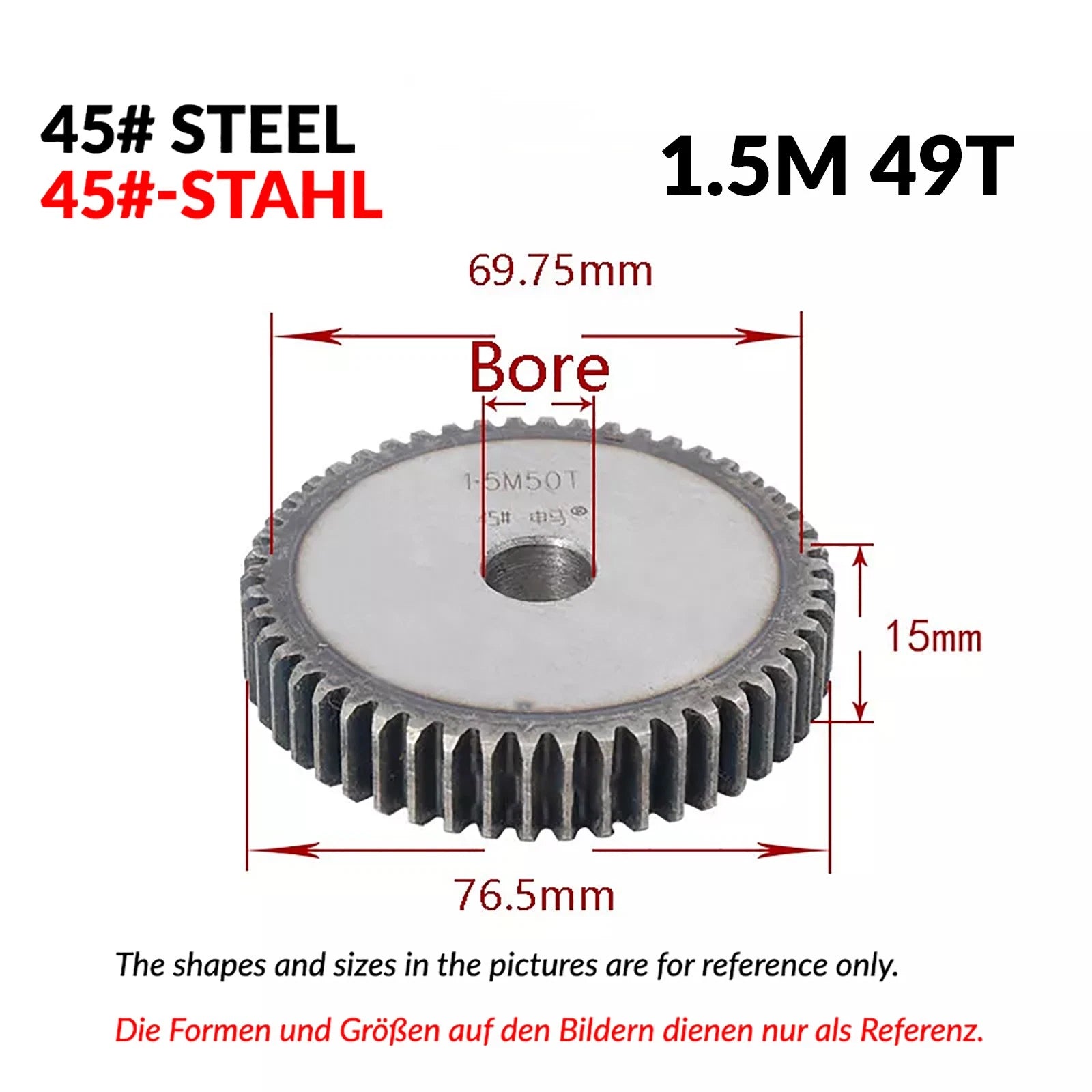 1.5 Mod 12/13/14/15/16/17/18/20-120T 45# Spur Gear Thickn 15mm Transmission Gear