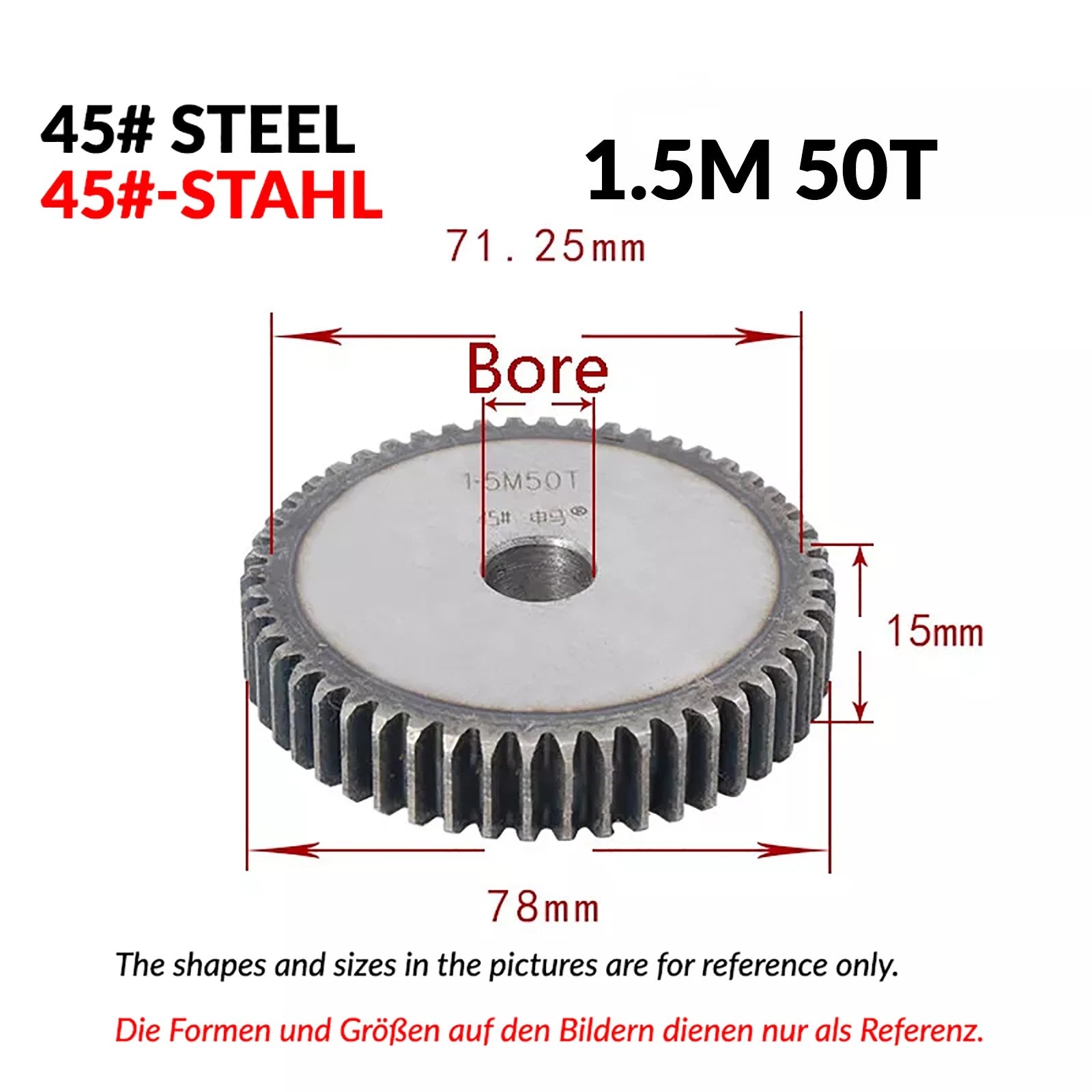 1.5 Mod 12/13/14/15/16/17/18/20-120T 45# Spur Gear Thickn 15mm Transmission Gear
