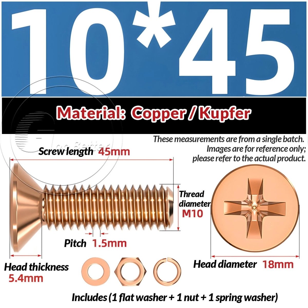T2 Copper Pozi Countersunk Machine Screws with Flat Washer & Nut | M3–M10 - HomeDIYer