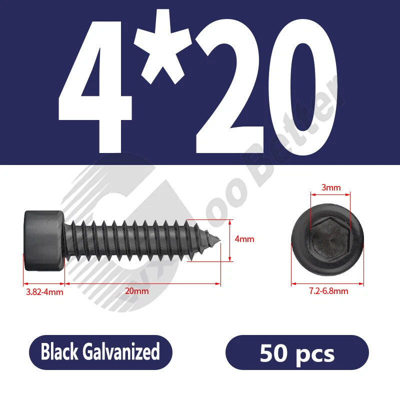 M1.7 M2 M2.3 M2.6 M3 M3.5 M4 M5 M6 Socket Head Self‑Tapping Screws – Alloy Steel, Nickel or Black Zinc