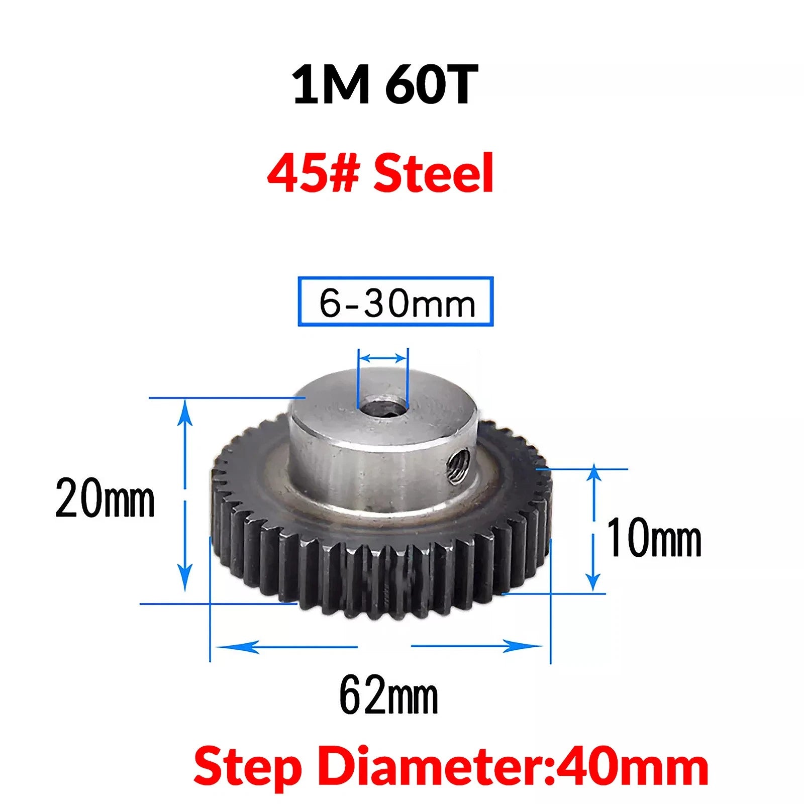 Mod 1 45# Steel Pinion Gear Spur Gears 10-60 T 14-50mm Bore With Step Motor Gear
