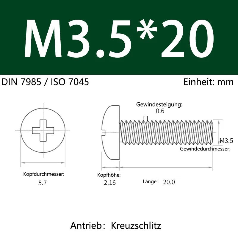 6063 Aluminium Phillips Pan Head Machine Screws DIN 7985 — M1.7 to M6 Metric
