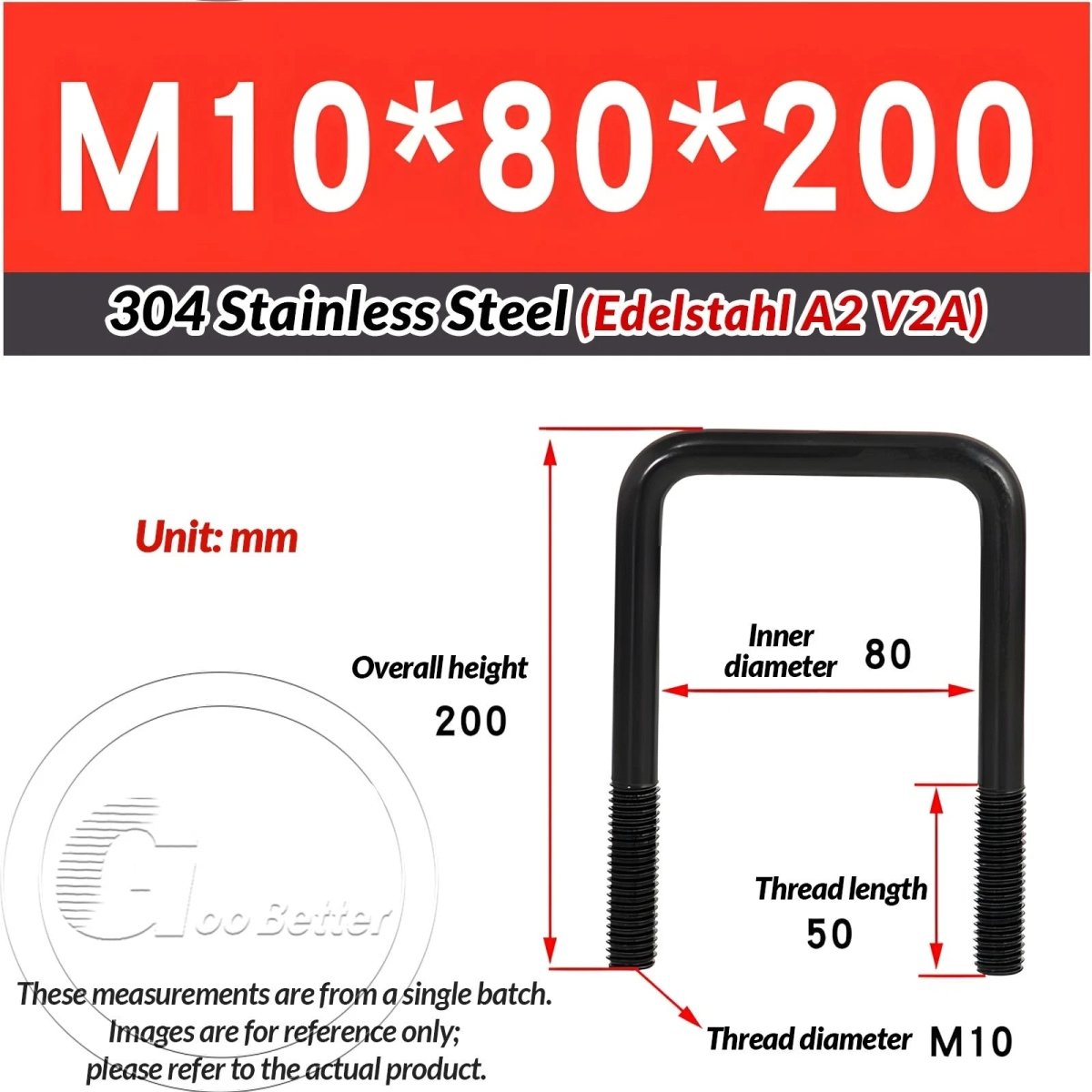 Black Square U - Bolts 304 Stainless Steel Fixing Clamp — M6 M8 M10 - HomeDIYer