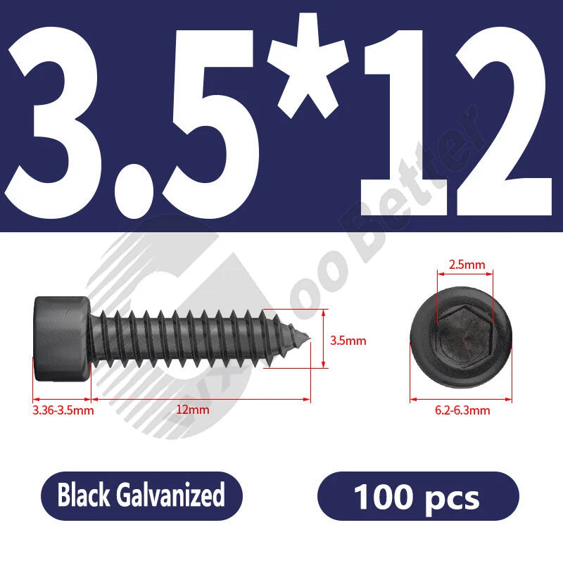 M1.7 M2 M2.3 M2.6 M3 M3.5 M4 M5 M6 Socket Head Self‑Tapping Screws – Alloy Steel, Nickel or Black Zinc