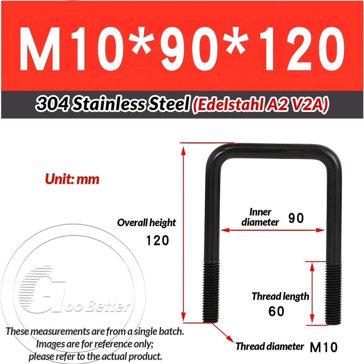 Black Square U - Bolts 304 Stainless Steel Fixing Clamp — M6 M8 M10 - HomeDIYer