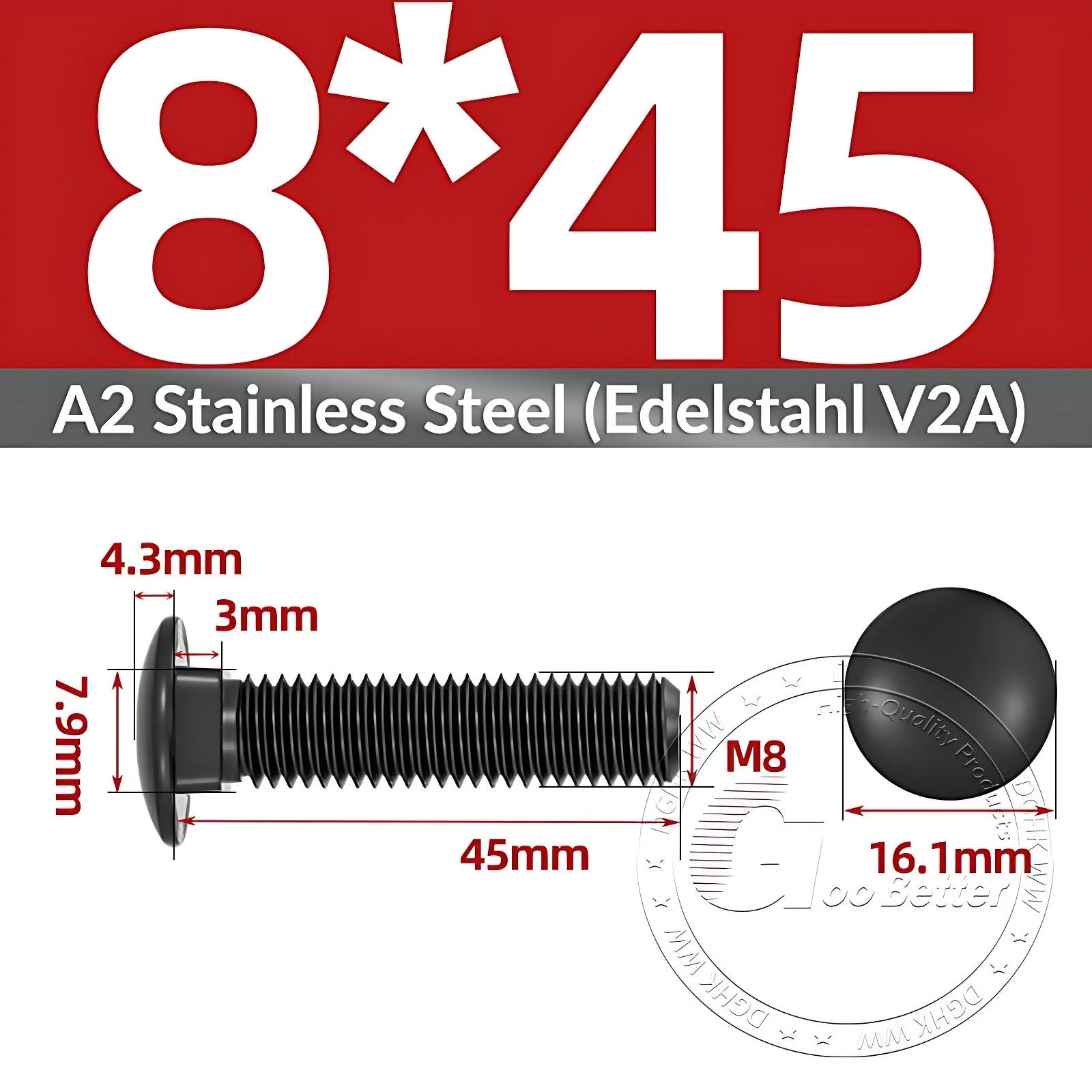 Black Stainless Steel Carriage Bolts M3–M12 | A2 Cup Square Dome Screws