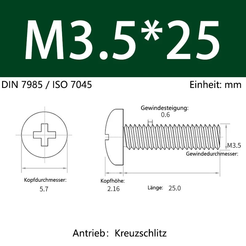 6063 Aluminium Phillips Pan Head Machine Screws DIN 7985 — M1.7 to M6 Metric