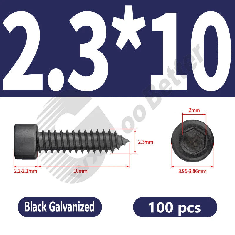 M1.7 M2 M2.3 M2.6 M3 M3.5 M4 M5 M6 Socket Head Self‑Tapping Screws – Alloy Steel, Nickel or Black Zinc