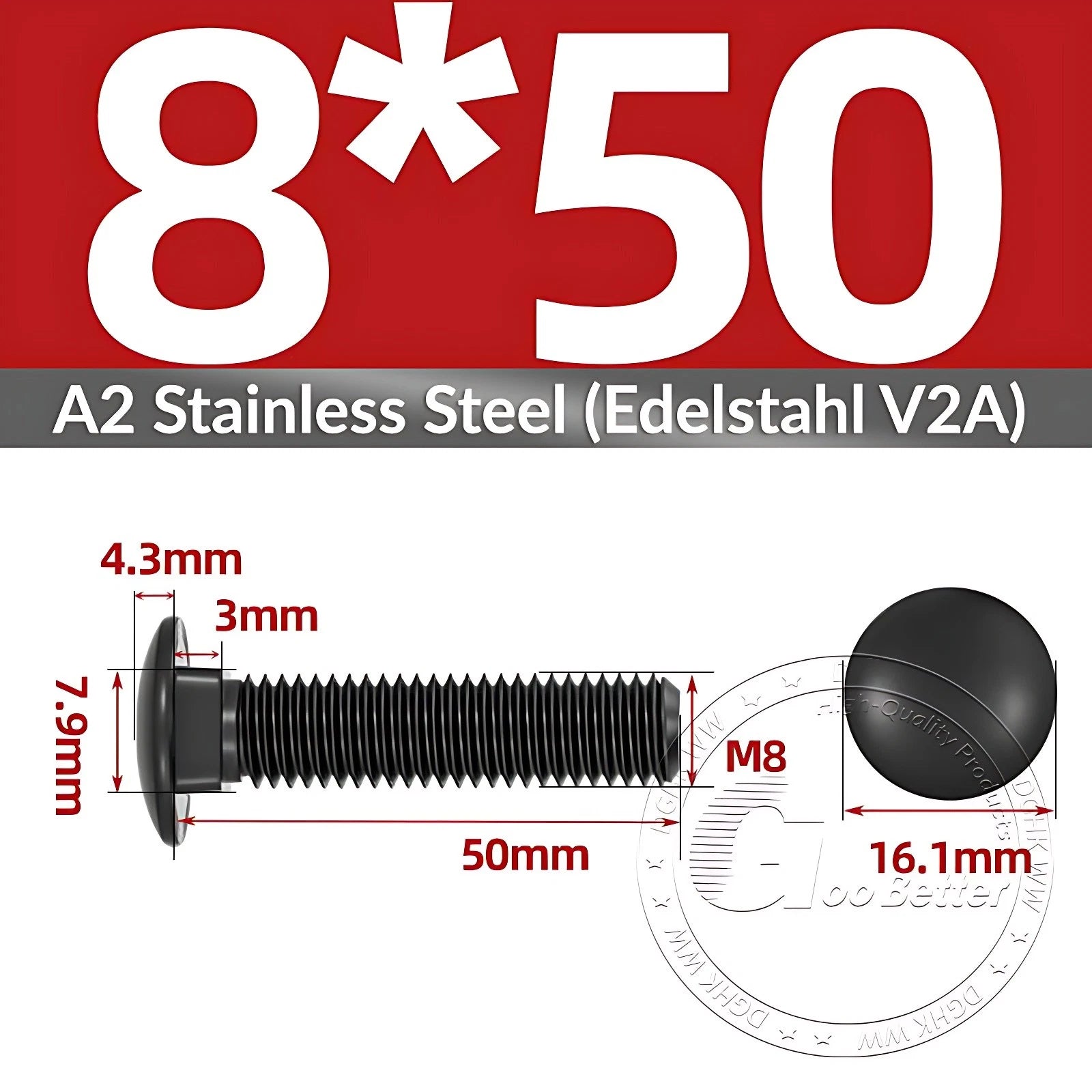 Black Stainless Steel Carriage Bolts M3–M12 | A2 Cup Square Dome Screws