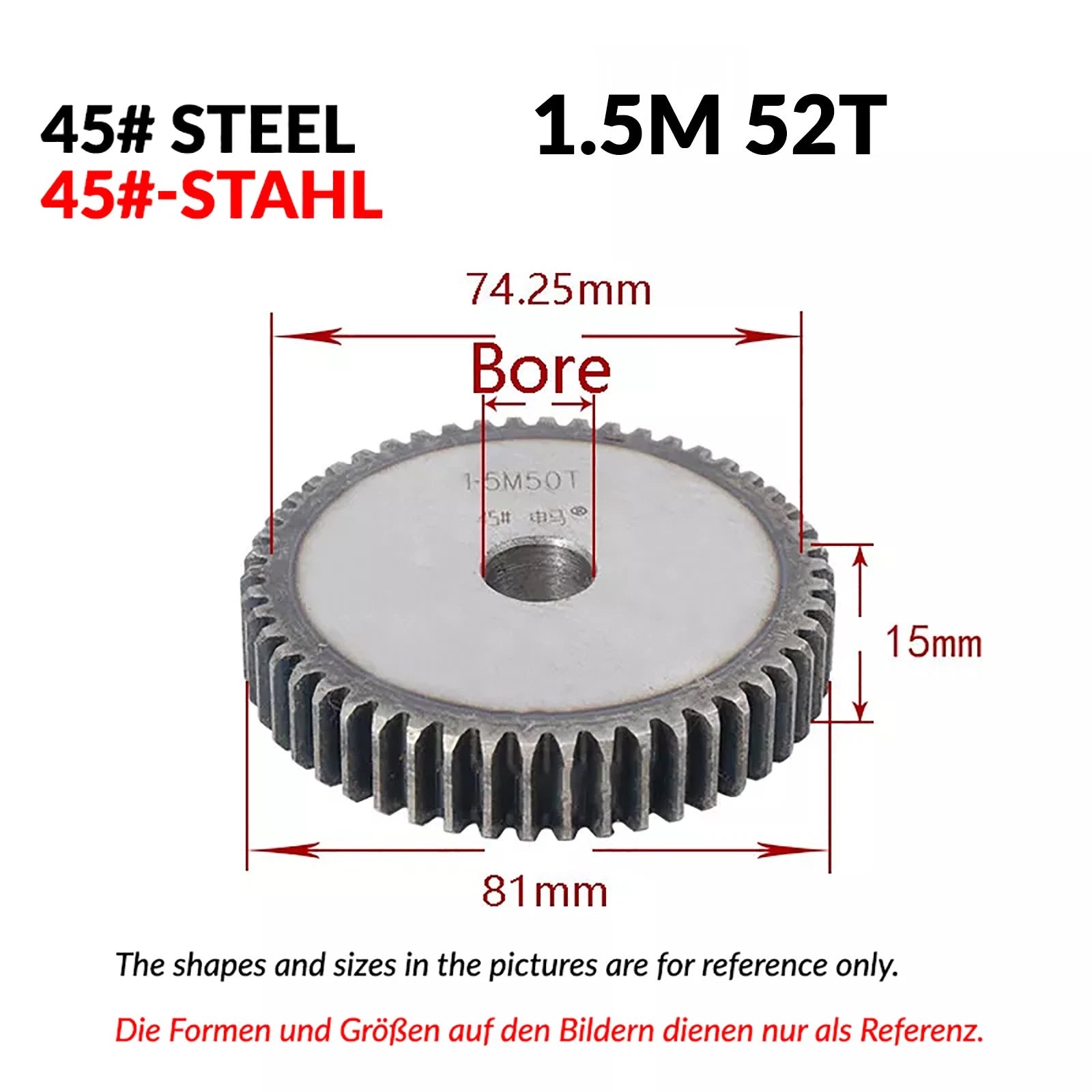 1.5 Mod 12/13/14/15/16/17/18/20-120T 45# Spur Gear Thickn 15mm Transmission Gear