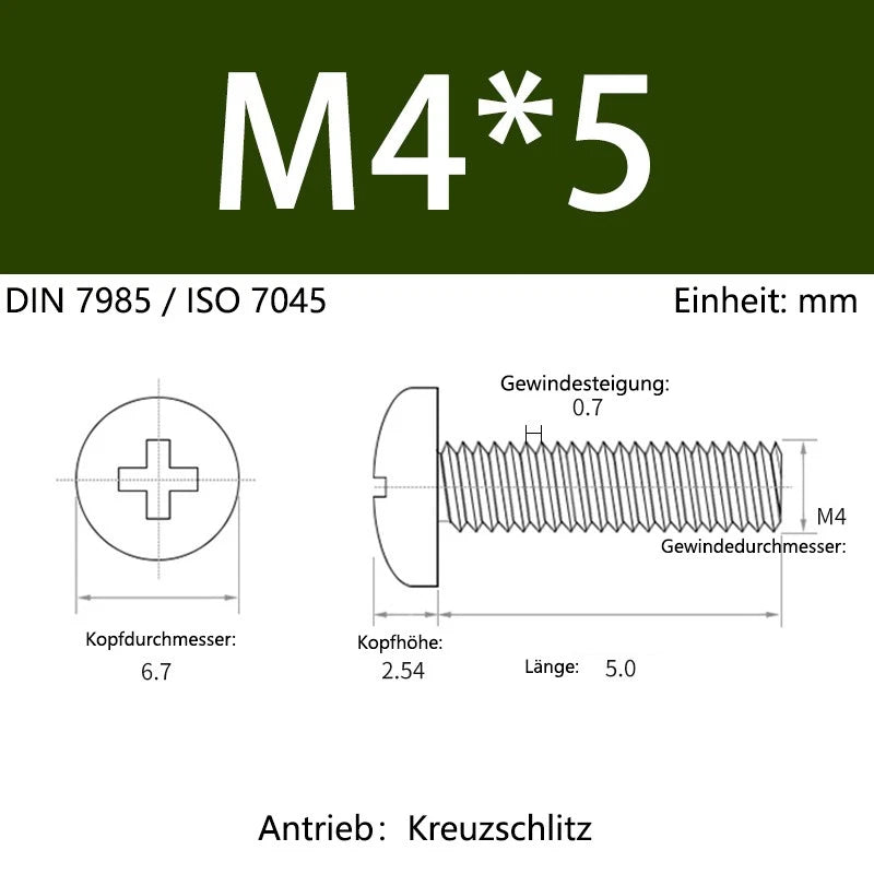 6063 Aluminium Phillips Pan Head Machine Screws DIN 7985 — M1.7 to M6 Metric