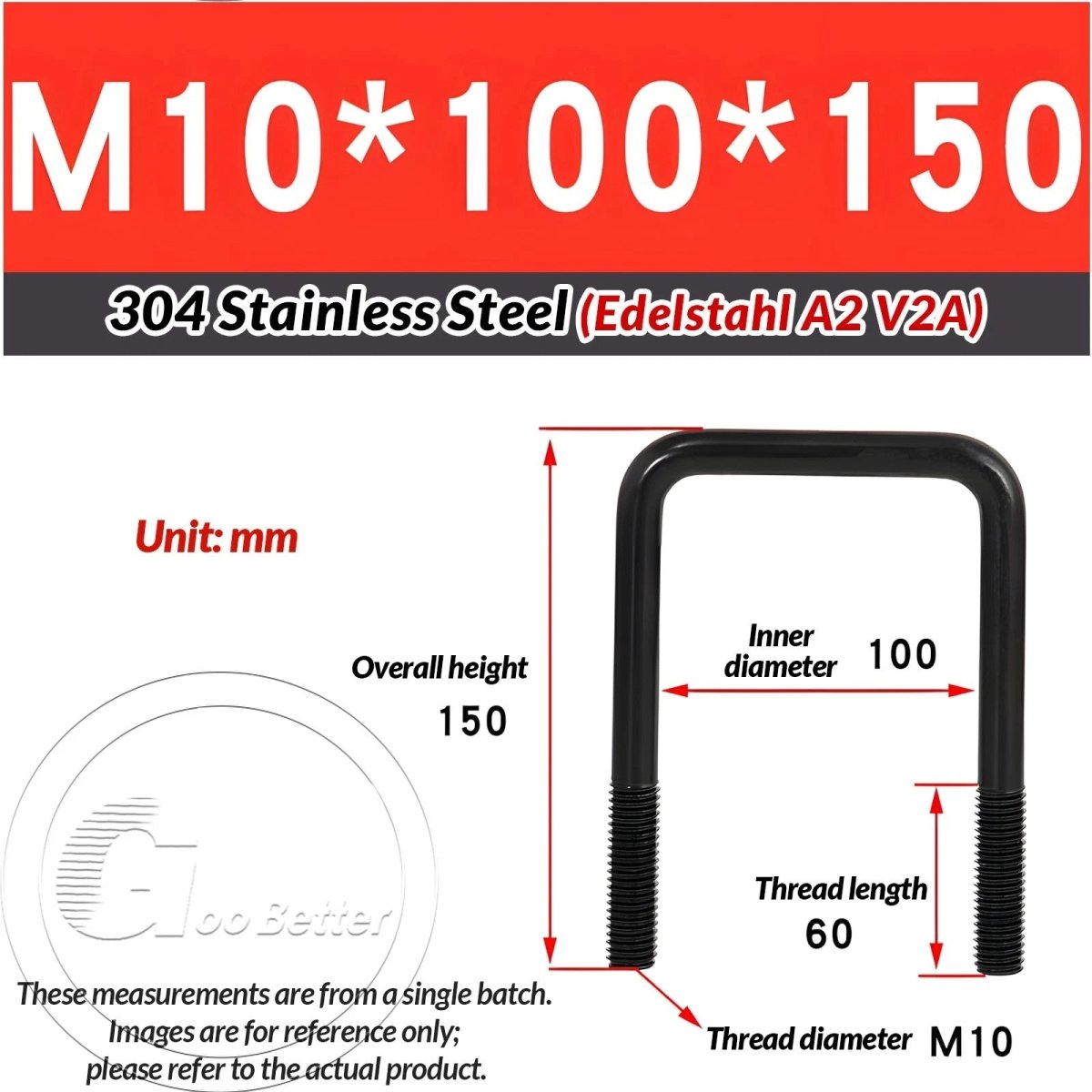 Black Square U - Bolts 304 Stainless Steel Fixing Clamp — M6 M8 M10 - HomeDIYer