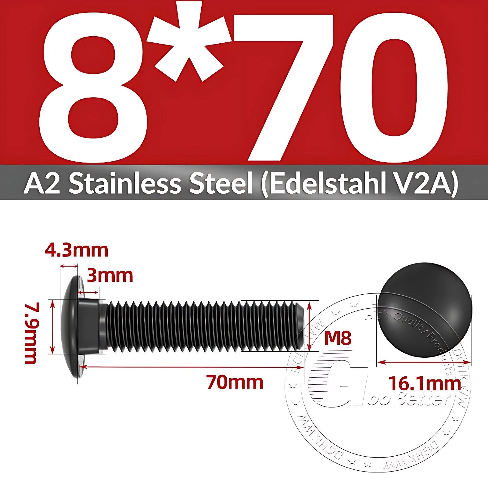 Black Stainless Steel Carriage Bolts M3–M12 | A2 Cup Square Dome Screws