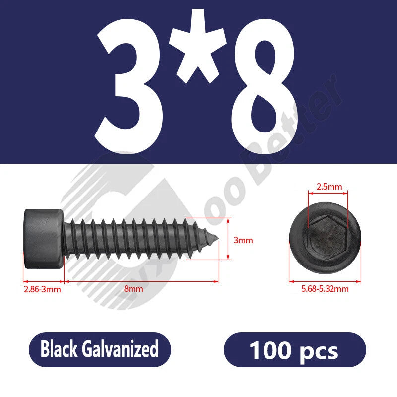 M1.7 M2 M2.3 M2.6 M3 M3.5 M4 M5 M6 Socket Head Self‑Tapping Screws – Alloy Steel, Nickel or Black Zinc