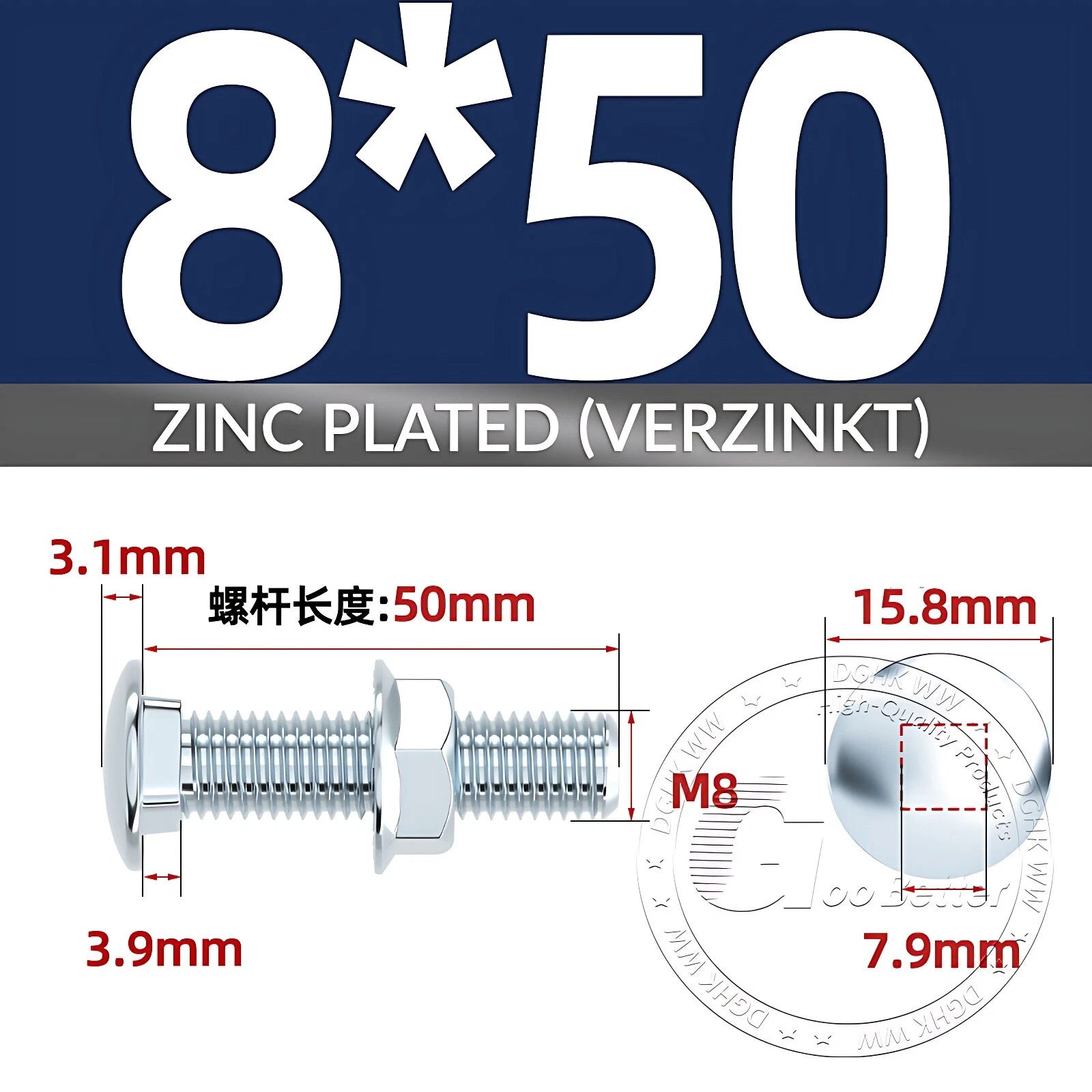 Cup Square Carriage Bolts with Hex Nut — Zinc Plated, M4 to M12