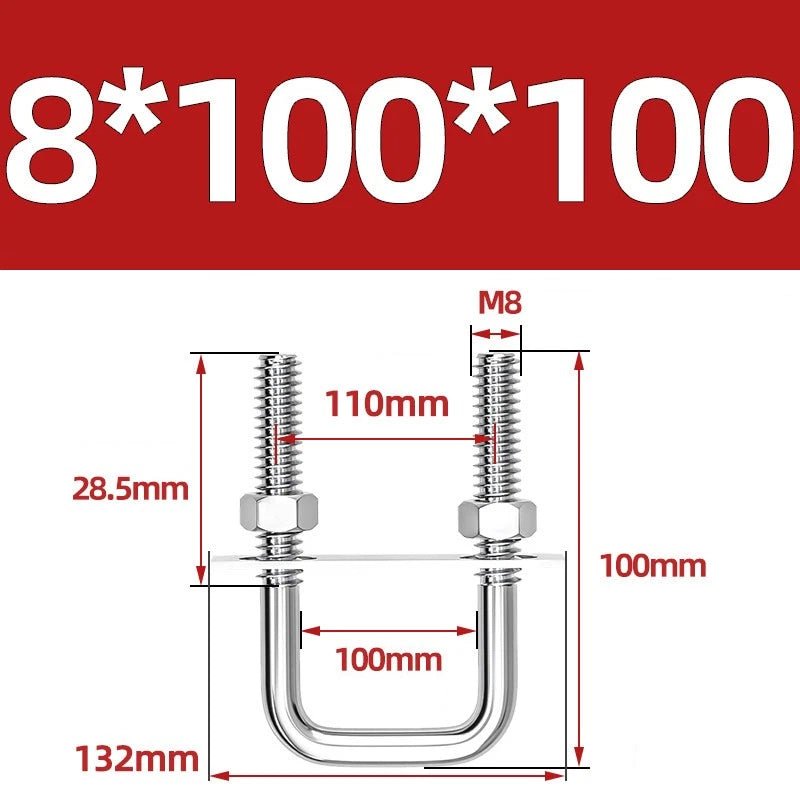 M8 Square U - Bolts Stainless Steel A2 with Plates and Nuts — Multiple Sizes - HomeDIYer