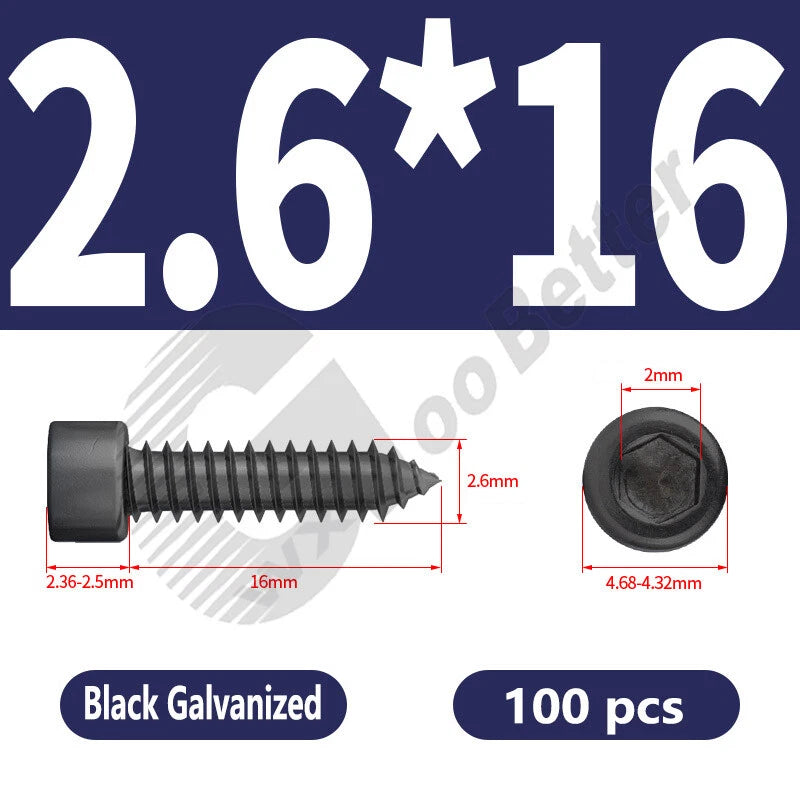 M1.7 M2 M2.3 M2.6 M3 M3.5 M4 M5 M6 Socket Head Self‑Tapping Screws – Alloy Steel, Nickel or Black Zinc