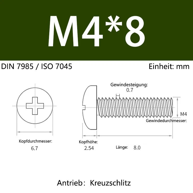 6063 Aluminium Phillips Pan Head Machine Screws DIN 7985 — M1.7 to M6 Metric