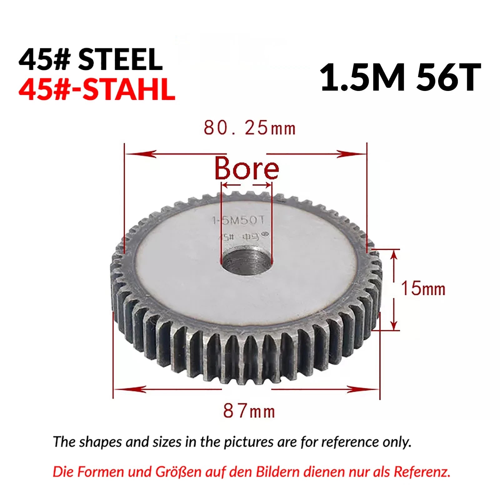 1.5 Mod 12/13/14/15/16/17/18/20-120T 45# Spur Gear Thickn 15mm Transmission Gear