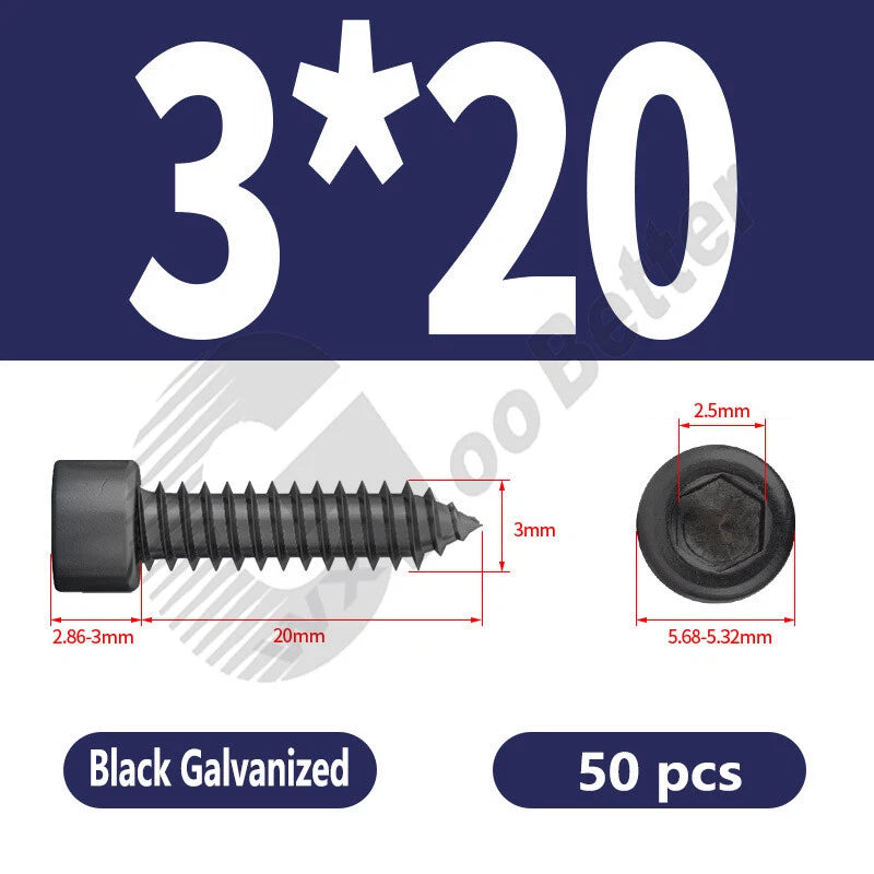 M1.7 M2 M2.3 M2.6 M3 M3.5 M4 M5 M6 Socket Head Self‑Tapping Screws – Alloy Steel, Nickel or Black Zinc