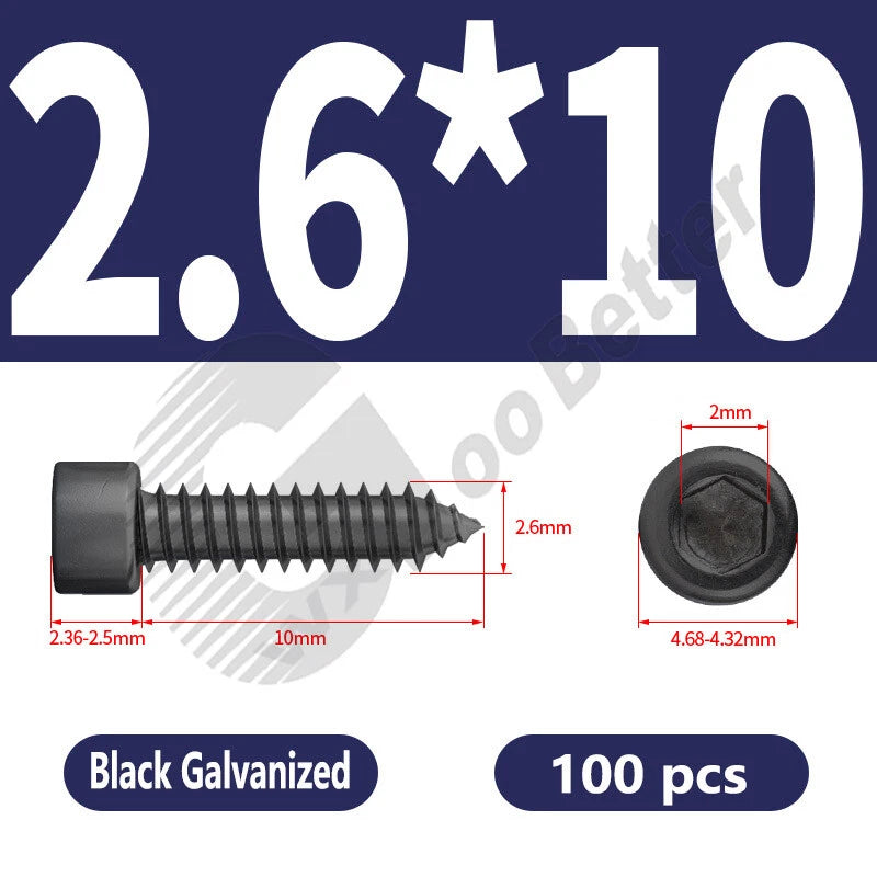 M1.7 M2 M2.3 M2.6 M3 M3.5 M4 M5 M6 Socket Head Self‑Tapping Screws – Alloy Steel, Nickel or Black Zinc
