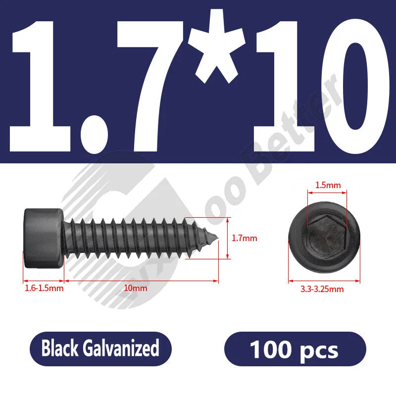M1.7 M2 M2.3 M2.6 M3 M3.5 M4 M5 M6 Socket Head Self‑Tapping Screws – Alloy Steel, Nickel or Black Zinc