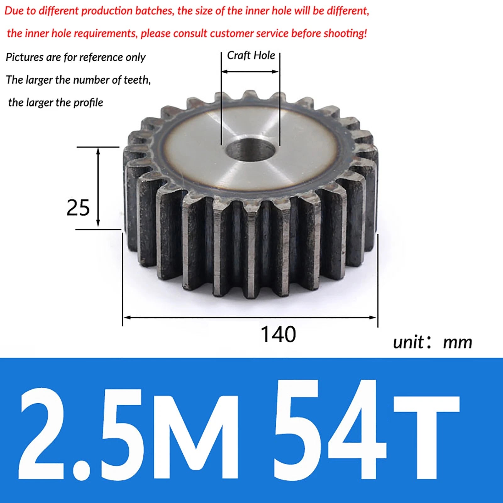 2.5 Mod 10T - 79T Spur Gear 45# Steel Pinion Gear Thickn 25MM Transmission Gear