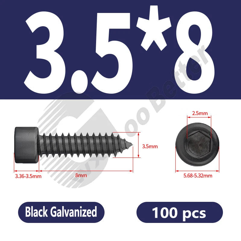 M1.7 M2 M2.3 M2.6 M3 M3.5 M4 M5 M6 Socket Head Self‑Tapping Screws – Alloy Steel, Nickel or Black Zinc