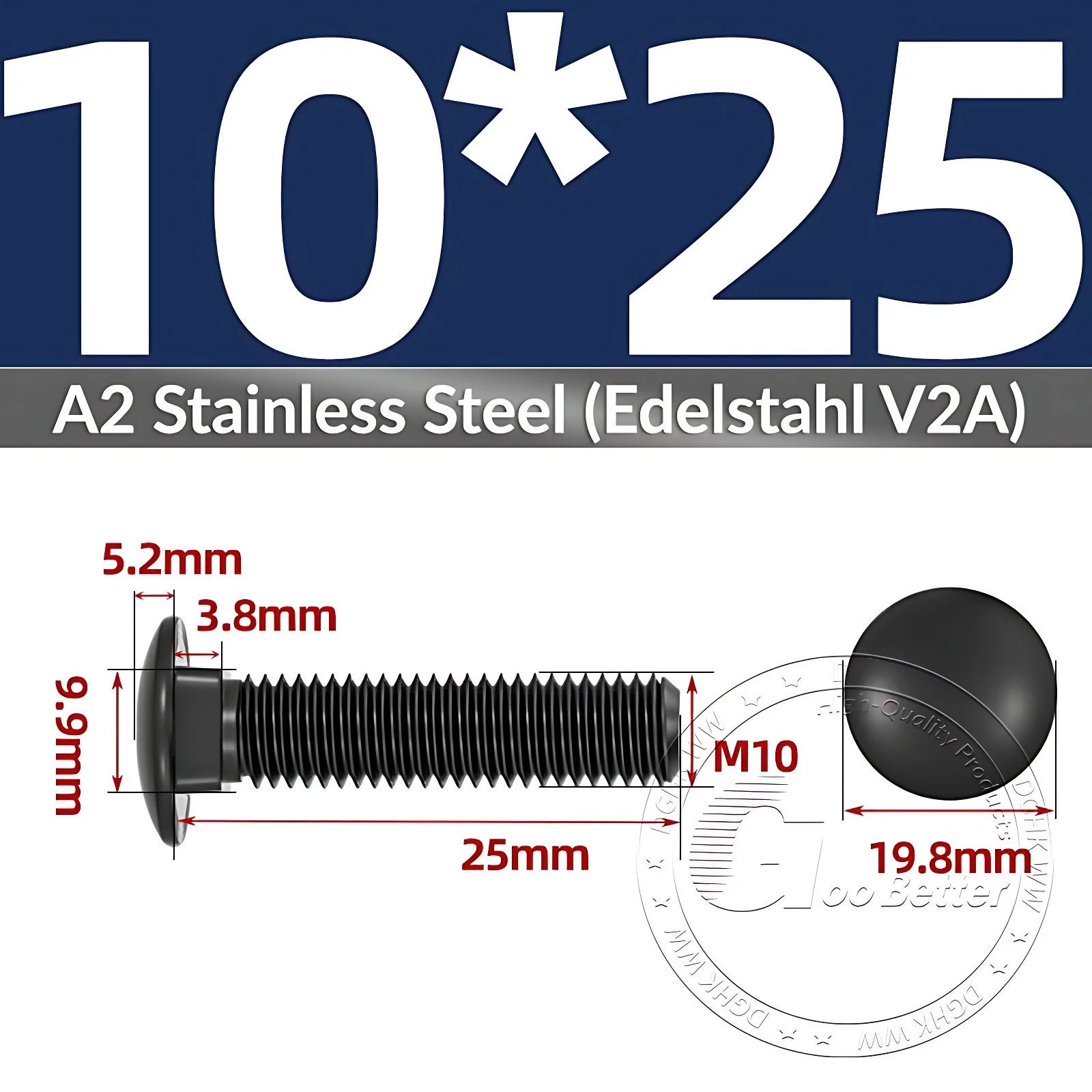 Black Stainless Steel Carriage Bolts M3–M12 | A2 Cup Square Dome Screws