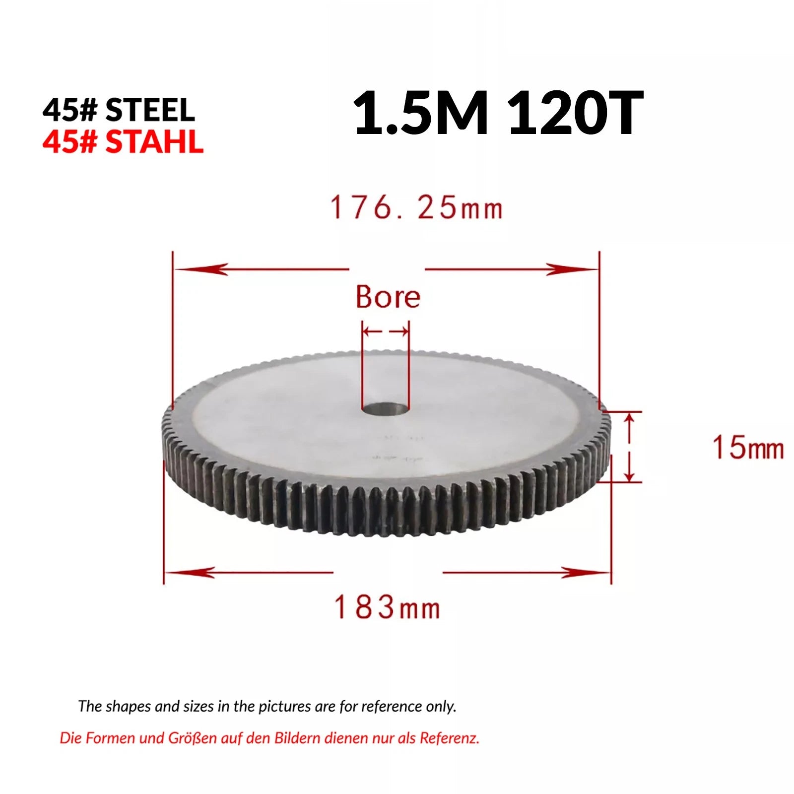1/1.5/2 Mod 12T-150T Spur Gear 45# Steel Pinion Gear Thickn10-20mm Transmission
