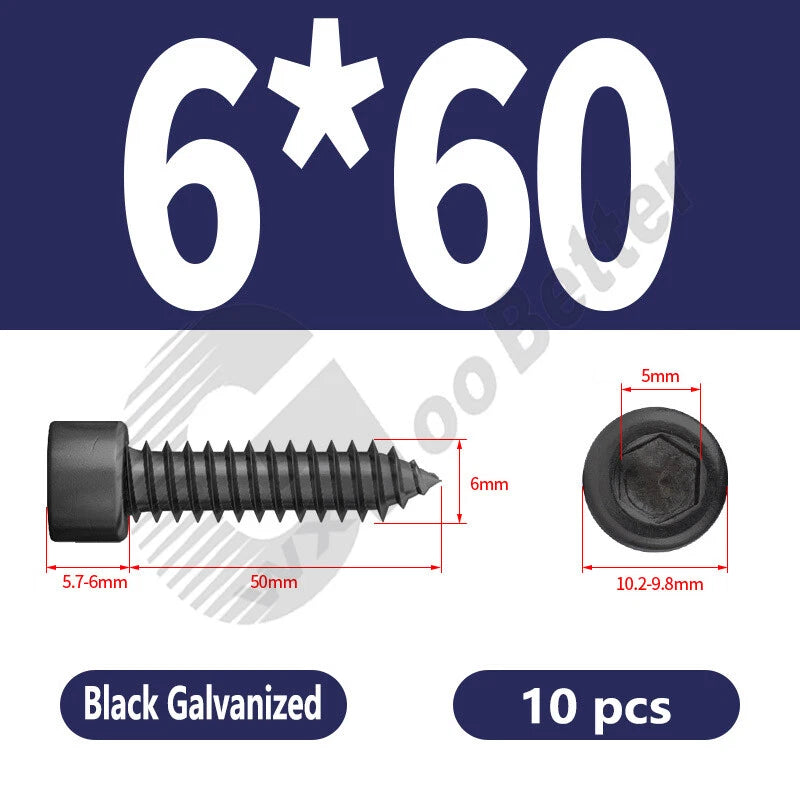 M1.7 M2 M2.3 M2.6 M3 M3.5 M4 M5 M6 Socket Head Self‑Tapping Screws – Alloy Steel, Nickel or Black Zinc