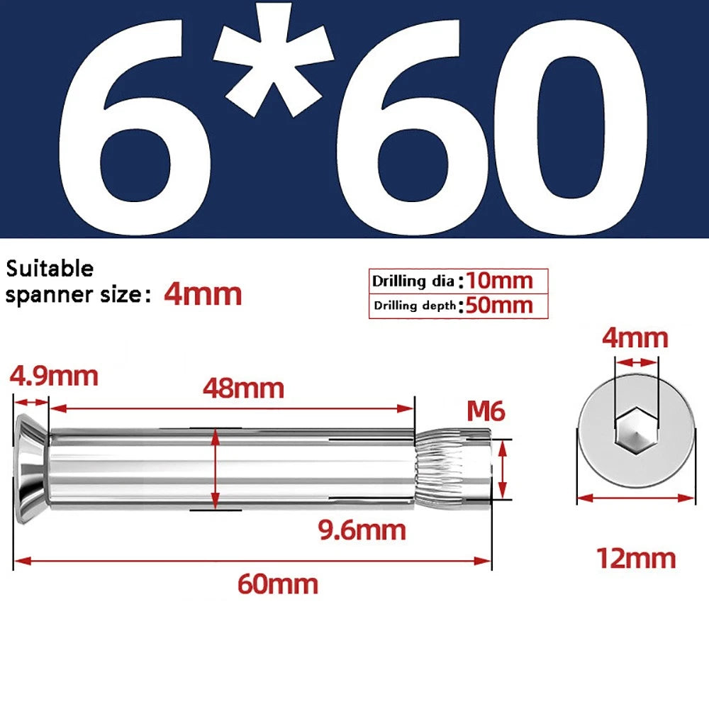 M6–M12 Countersunk Hex Socket Expansion Bolts — 304 & 201 Stainless Steel, A-Type & B-Type