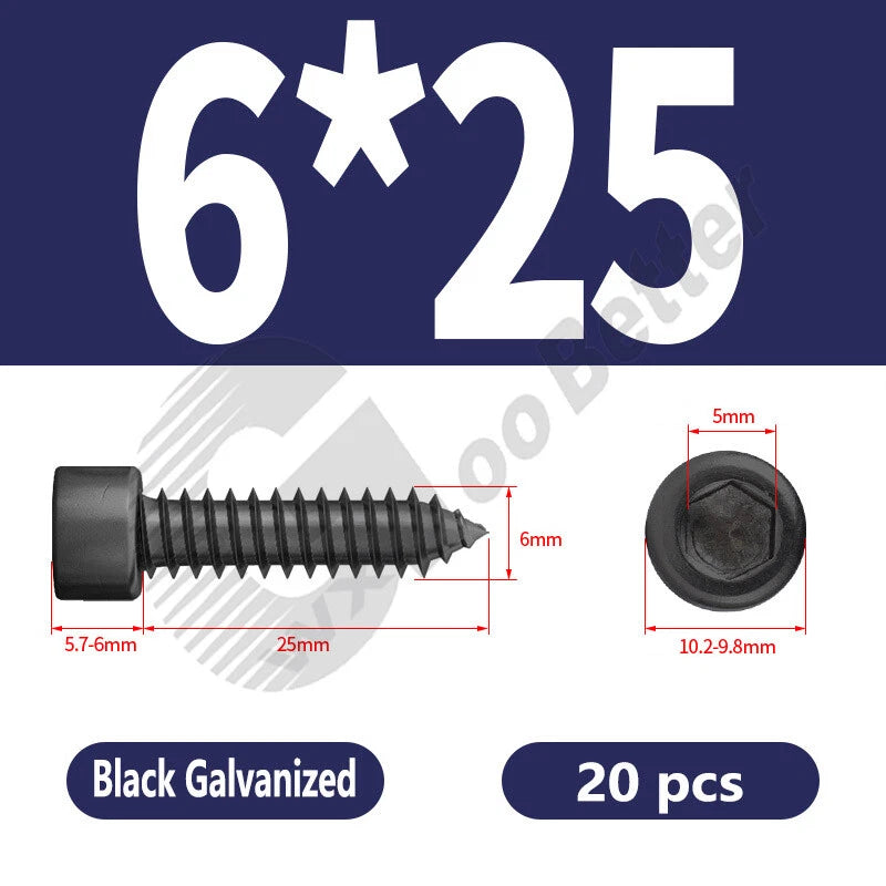 M1.7 M2 M2.3 M2.6 M3 M3.5 M4 M5 M6 Socket Head Self‑Tapping Screws – Alloy Steel, Nickel or Black Zinc