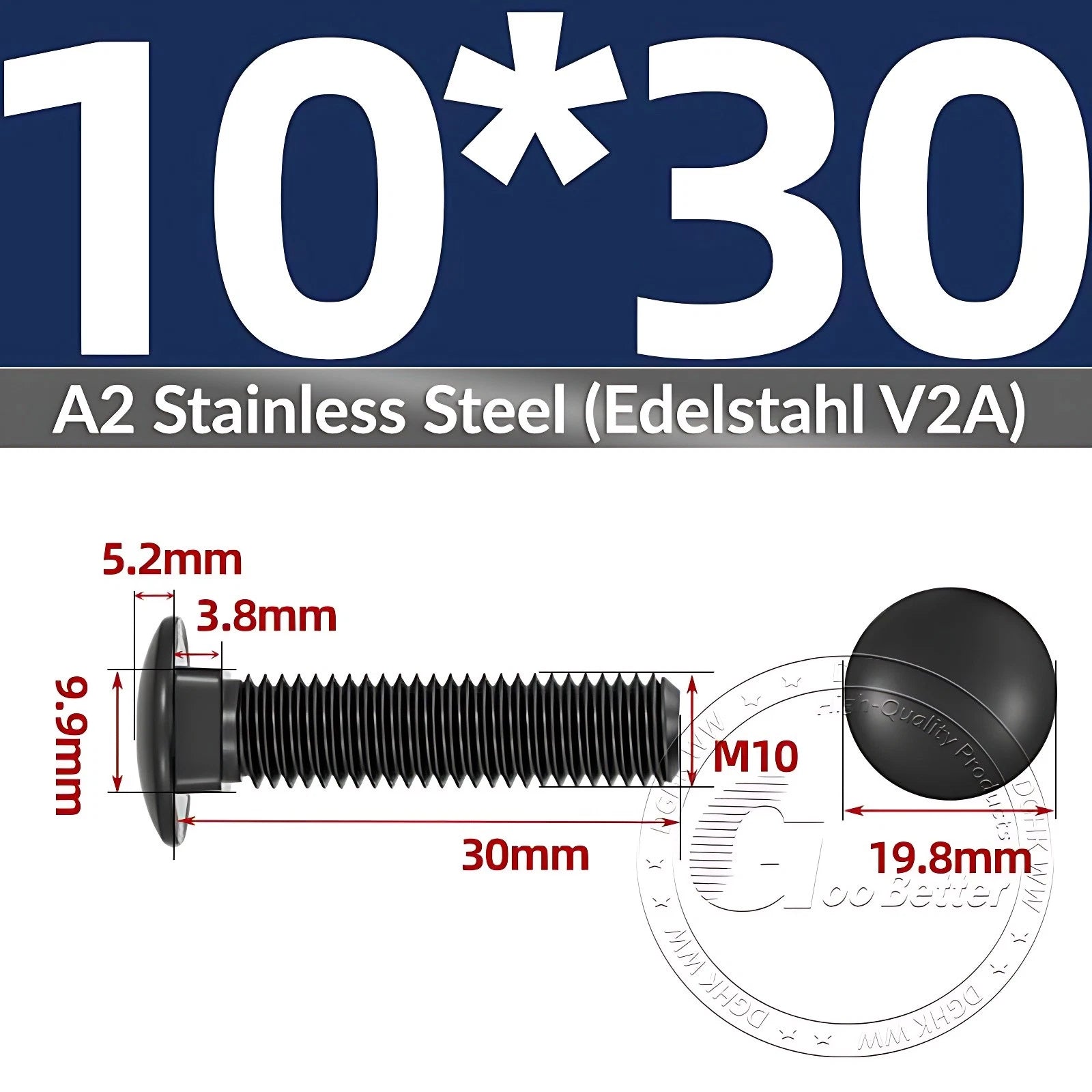 Black Stainless Steel Carriage Bolts M3–M12 | A2 Cup Square Dome Screws