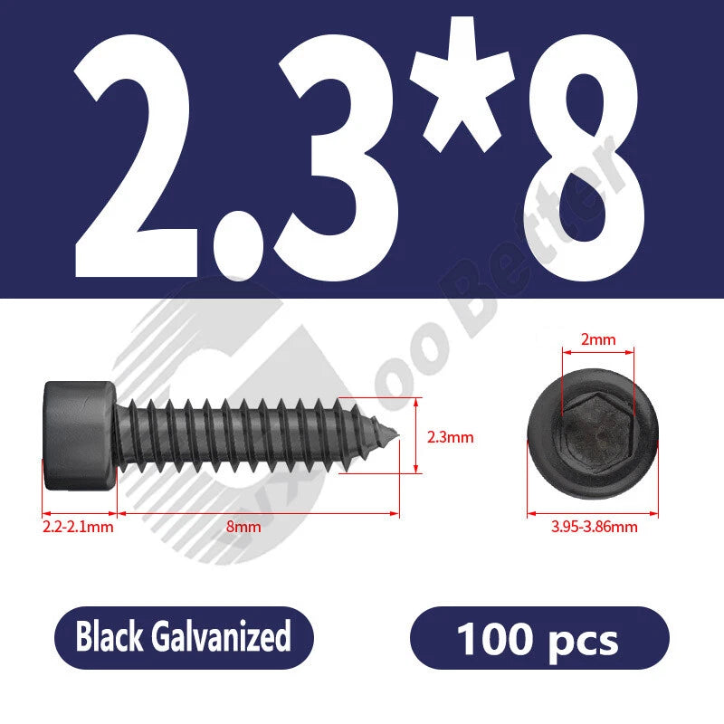 M1.7 M2 M2.3 M2.6 M3 M3.5 M4 M5 M6 Socket Head Self‑Tapping Screws – Alloy Steel, Nickel or Black Zinc