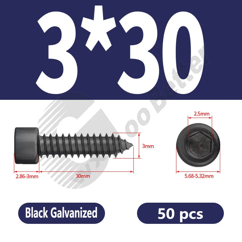 M1.7 M2 M2.3 M2.6 M3 M3.5 M4 M5 M6 Socket Head Self‑Tapping Screws – Alloy Steel, Nickel or Black Zinc