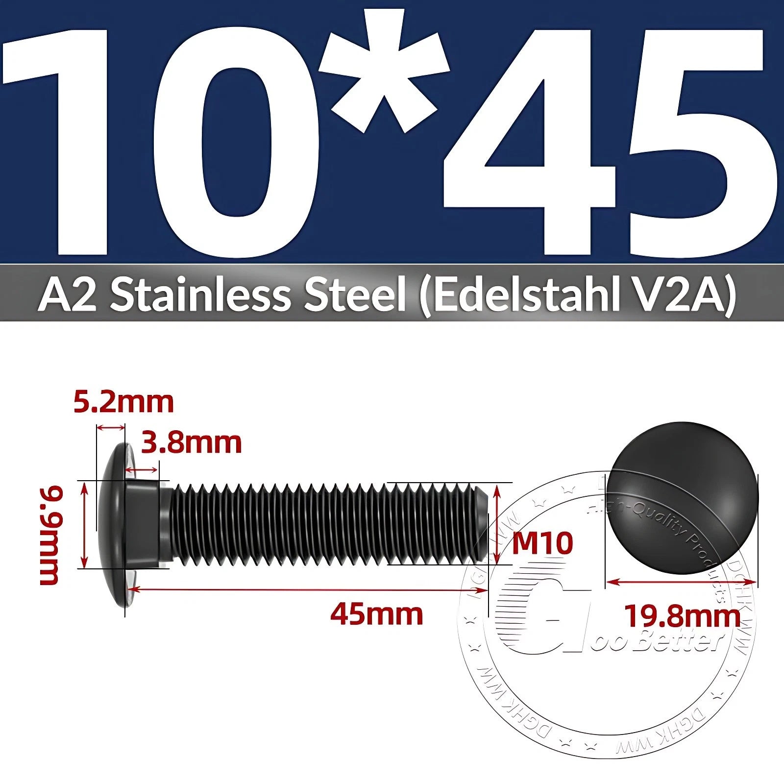 Black Stainless Steel Carriage Bolts M3–M12 | A2 Cup Square Dome Screws