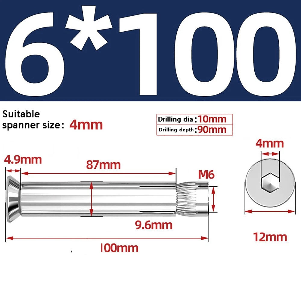 M6–M12 Countersunk Hex Socket Expansion Bolts — 304 & 201 Stainless Steel, A-Type & B-Type