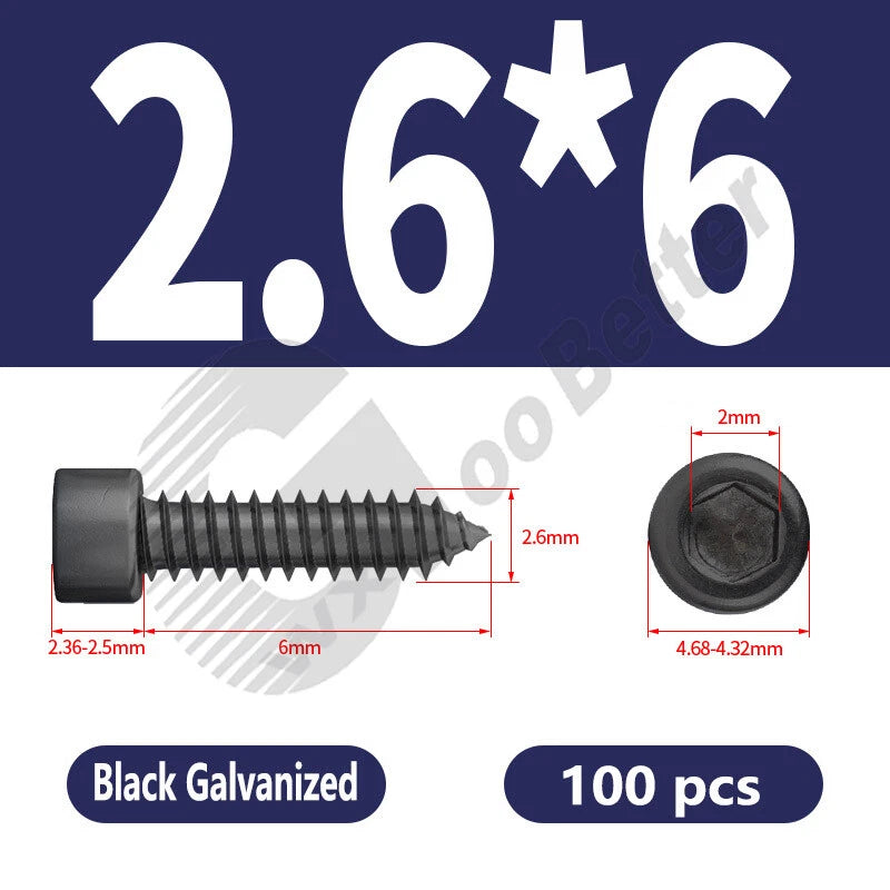 M1.7 M2 M2.3 M2.6 M3 M3.5 M4 M5 M6 Socket Head Self‑Tapping Screws – Alloy Steel, Nickel or Black Zinc